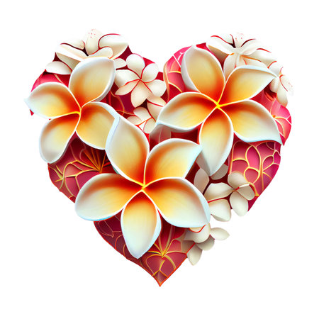 Illustration of a heart with frangipani flowers on a white backgroundの写真素材