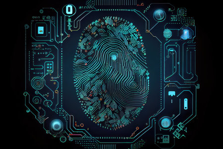 Abstract background image with circuit board and finger print. 3D renderingの写真素材