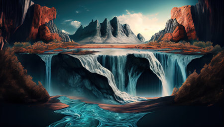 Fantasy alien planet. Mountain and lake. 3D illustration.の写真素材