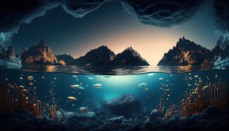 Underwater scene with coral reef and fishes. 3D rendering.の写真素材