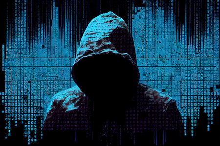 Hooded hacker in front of a binary code with a blue background