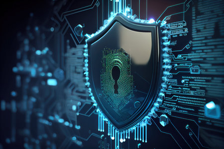 Cyber security concept with shield and binary code. 3D Rendering
