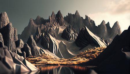 Fantasy alien planet. Mountain and lake. 3D illustration.の写真素材