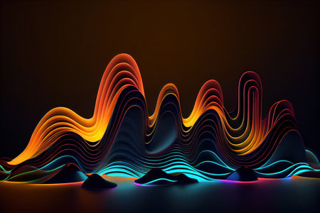 3d render, abstract background with neon lines, waves in the darkの写真素材