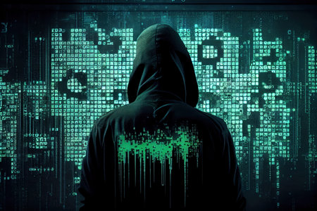 Silhouette of hacker in hoodie against digital background with binary code
