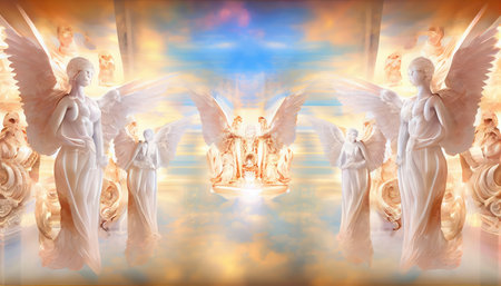 Angelic Angels in the sky with clouds. 3D illustration.の写真素材