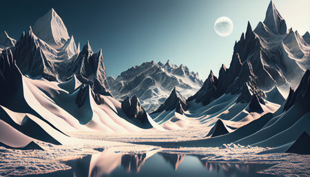 Fantasy alien planet. Mountain and lake. 3D Renderingの写真素材