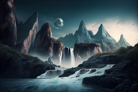 Fantasy landscape with waterfall and mountains at night. 3d renderingの写真素材