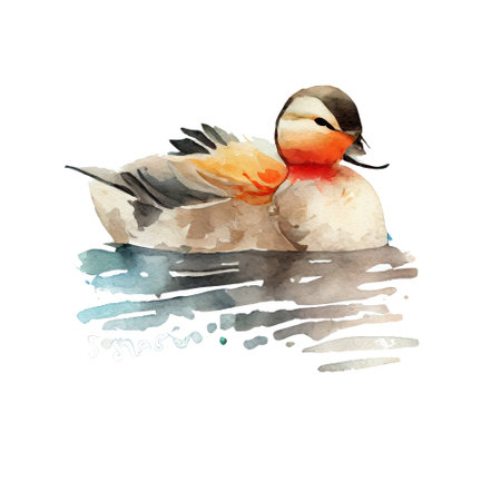 Watercolor duck on the water. Hand drawn illustration isolated on white backgroundの写真素材