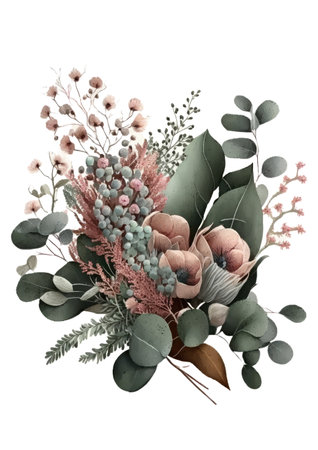 Beautiful floral bouquet isolated on white background. Watercolor hand drawn illustration.の写真素材