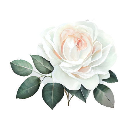 White rose with green leaves isolated on white background. Watercolor illustration.の写真素材