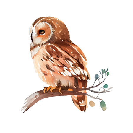 Watercolor owl on a branch isolated on white background. Hand drawn illustrationの写真素材
