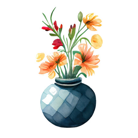 Watercolor vase with flowers. Hand drawn illustration isolated on white backgroundの写真素材