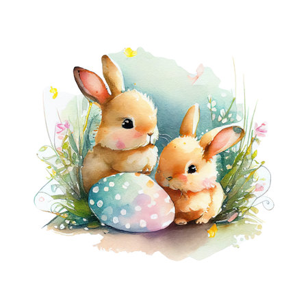 Easter bunnies with eggs in grass. Watercolor illustrationの写真素材