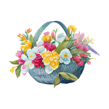 Wicker basket with spring flowers. Watercolor illustration isolated on white background.の写真素材