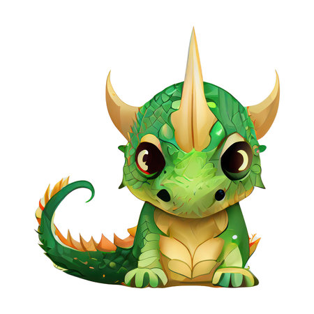 Cute green dragon isolated on white background. Cartoon illustration.の写真素材