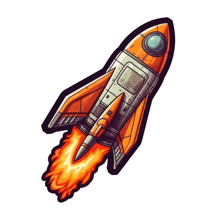 Space rocket with fire isolated on white background. Cartoon illustration.の写真素材