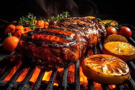 Delicious grilled beef steak with orange and thyme on the grillの素材