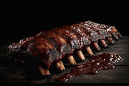 Delicious grilled ribs with sauce on wooden table, on dark backgroundの素材