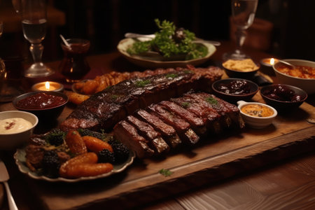 Tasty grilled meat served on wooden board with sauces and side dishesの素材
