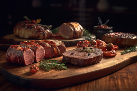 Sliced roast beef on a wooden board with rosemary and tomatoesの素材