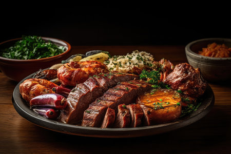 Grilled meat with vegetables and mushrooms on wooden table, closeupの素材