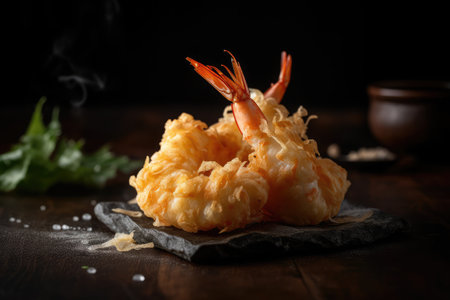 Tempura with prawns on a black slate plate on a wooden tableの素材
