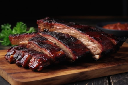 grilled pork ribs on wooden cutting board with ketchup and parsleyの素材