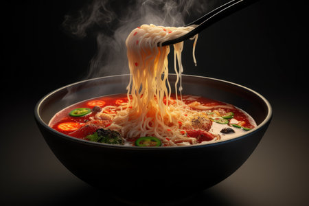 Ramen noodle soup in bowl with chopsticks over black backgroundの素材
