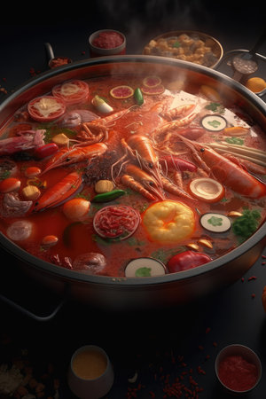 Tom yum soup in pot on dark background, 3d renderingの素材
