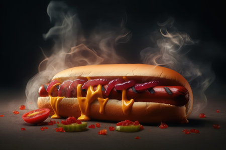 Hot dog with ketchup and mustard on a black background with smokeの素材