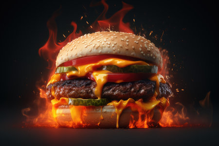 Hamburger with fire flames on dark background. 3d renderingの素材