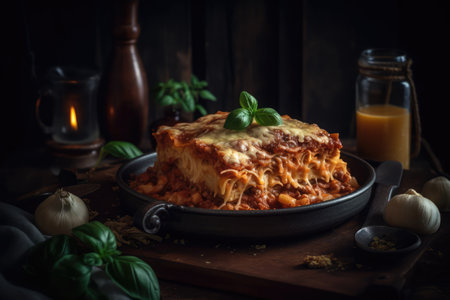 Homemade lasagna with bolognese sauce and ingredients on rustic backgroundの素材