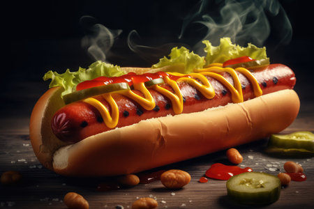 Hot dog with mustard and ketchup on wooden table, closeupの素材