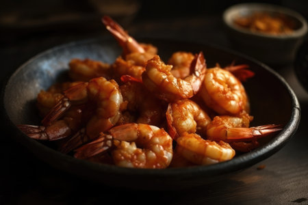 Fried Shrimps with garlic and pepper on a black plateの素材