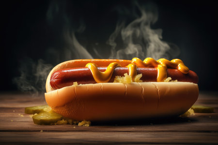 Hot dog with mustard and ketchup on wooden table. Toned.の素材