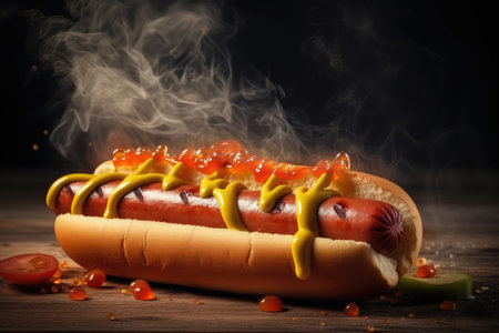 Hot dog with ketchup and mustard on a wooden table. Selective focus.の素材