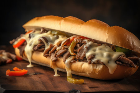Hot dog with beef, cheese and vegetables on a dark background.の素材