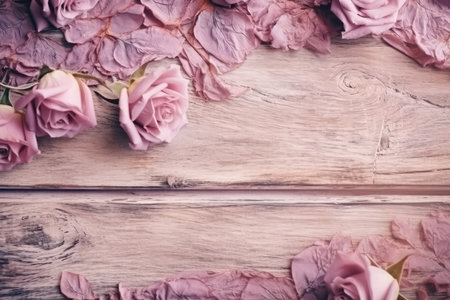 Pink roses on wooden background. Flat lay, top view, copy spaceの素材