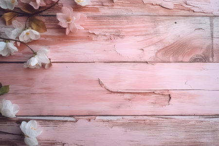 Blossoming branch of sakura on a pink wooden background.の素材