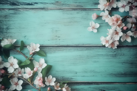 cherry blossom on turquoise wooden background, retro tonedの素材