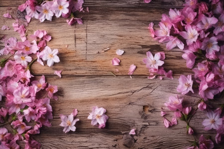 cherry blossom on wooden background with space for text, top viewの素材