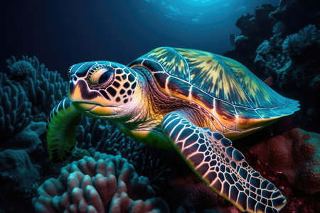 Green sea turtle in the coral reef. Underwater world. 3d illustrationの素材