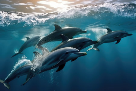 Dolphins swimming in the ocean. 3D rendering. Underwater world.の素材