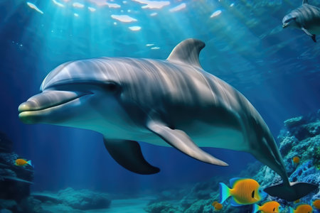 Dolphin swimming underwater in the ocean with corals and fish.