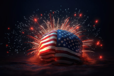 American flag ball with fireworks on dark background. 3D rendering.の素材