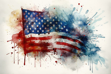 American flag with splashes of watercolor paint. Grunge backgroundの素材