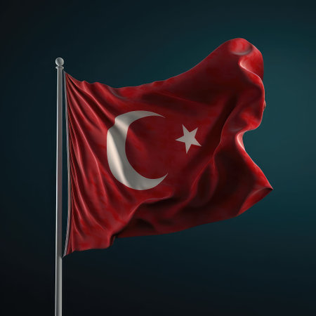 Turkey flag waving on blue background. 3D Rendering, 3D illustrationの素材
