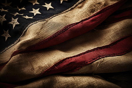 Close up of crumpled American flag on wooden background. Selective focus. Toned.の素材