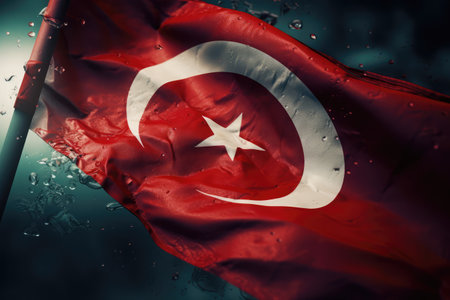 Turkish flag waving in the wind on a cloudy day. Toned.の素材
